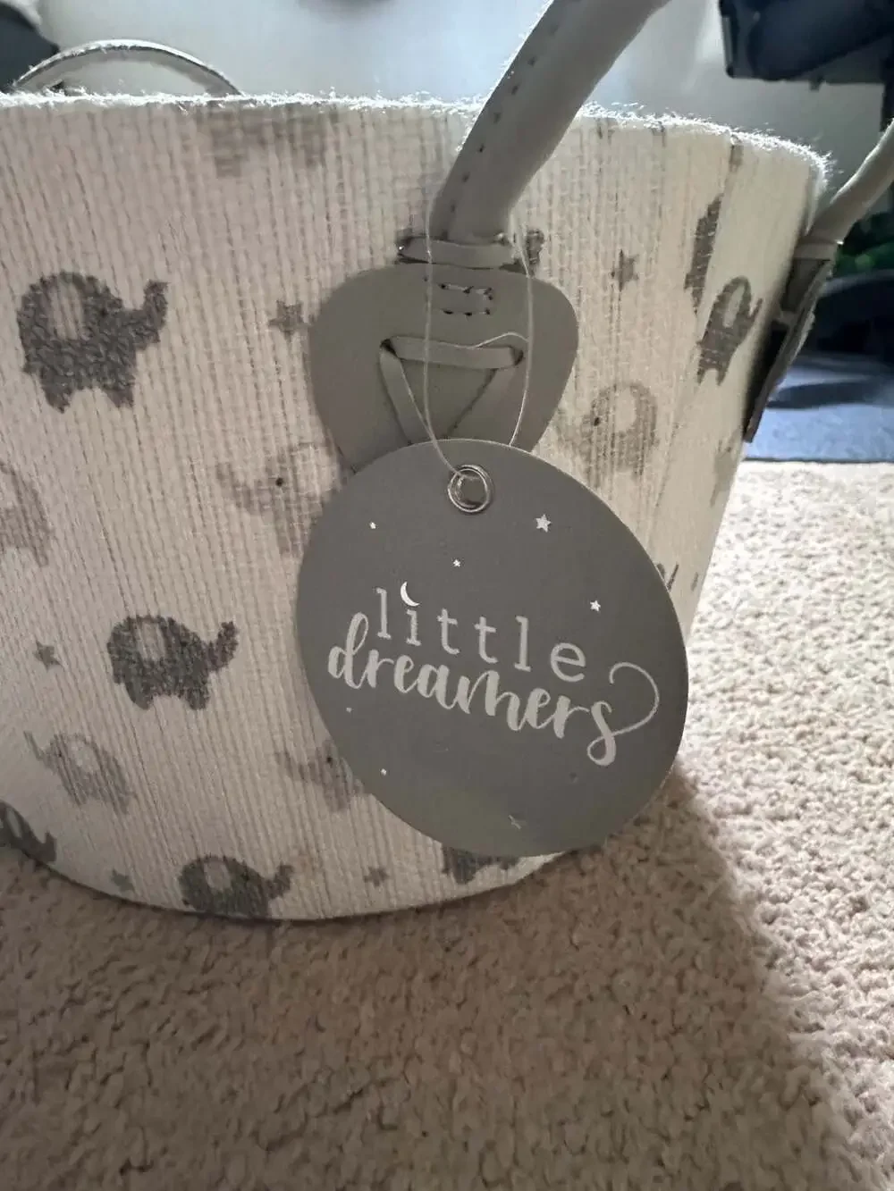 Little Dreamers Elephant Pattern Round Canvas Storage Basket with Faux Leather H